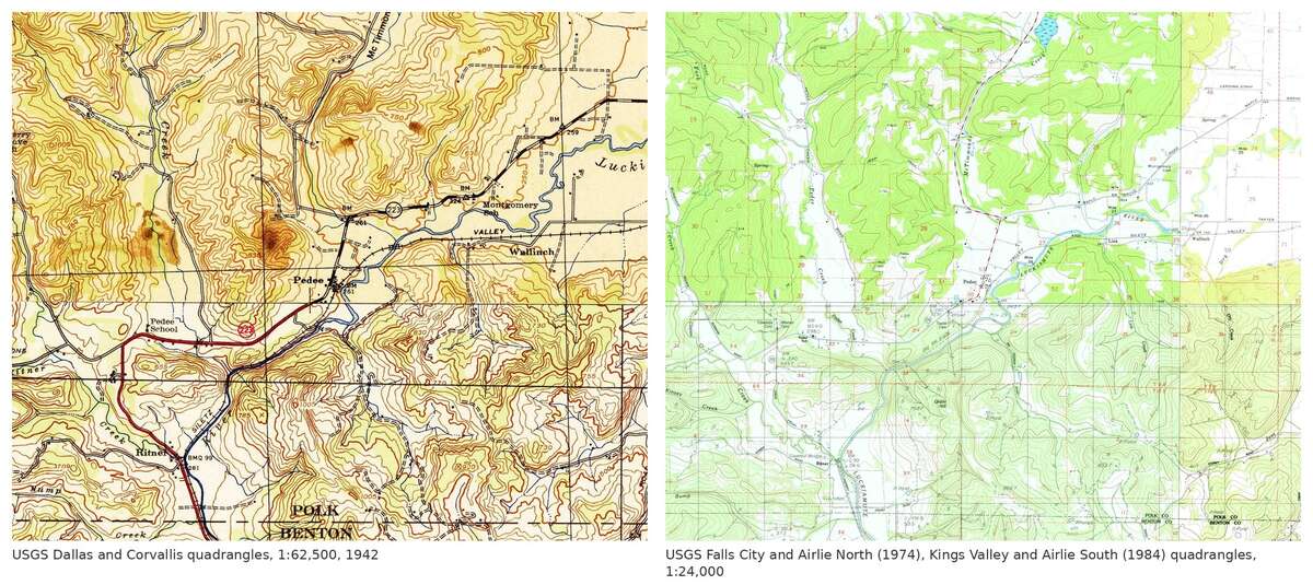 Figure 11.2. The same six by 5 miles around Pedee on topographic maps of 1942 (left) and of 1974 and 1984 (right)