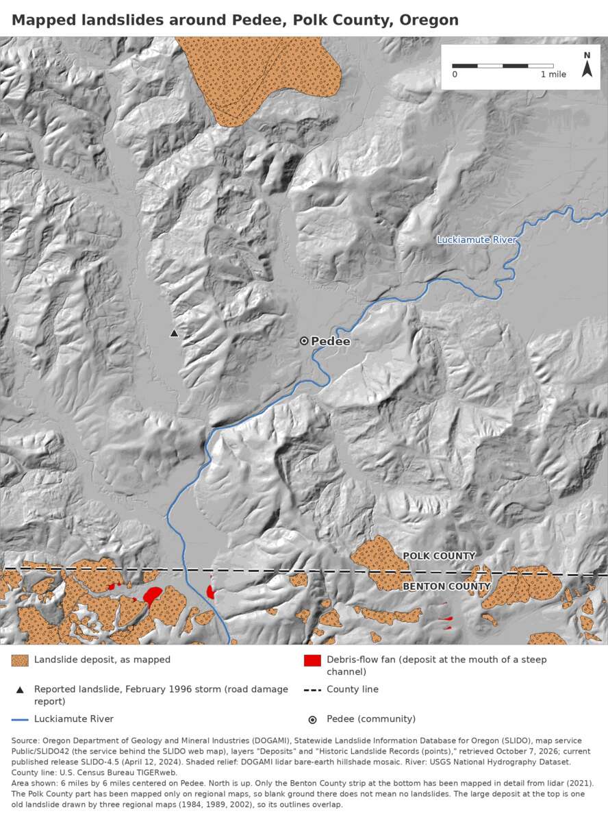 Figure 13.5. Mapped landslides for about 6 miles around Pedee