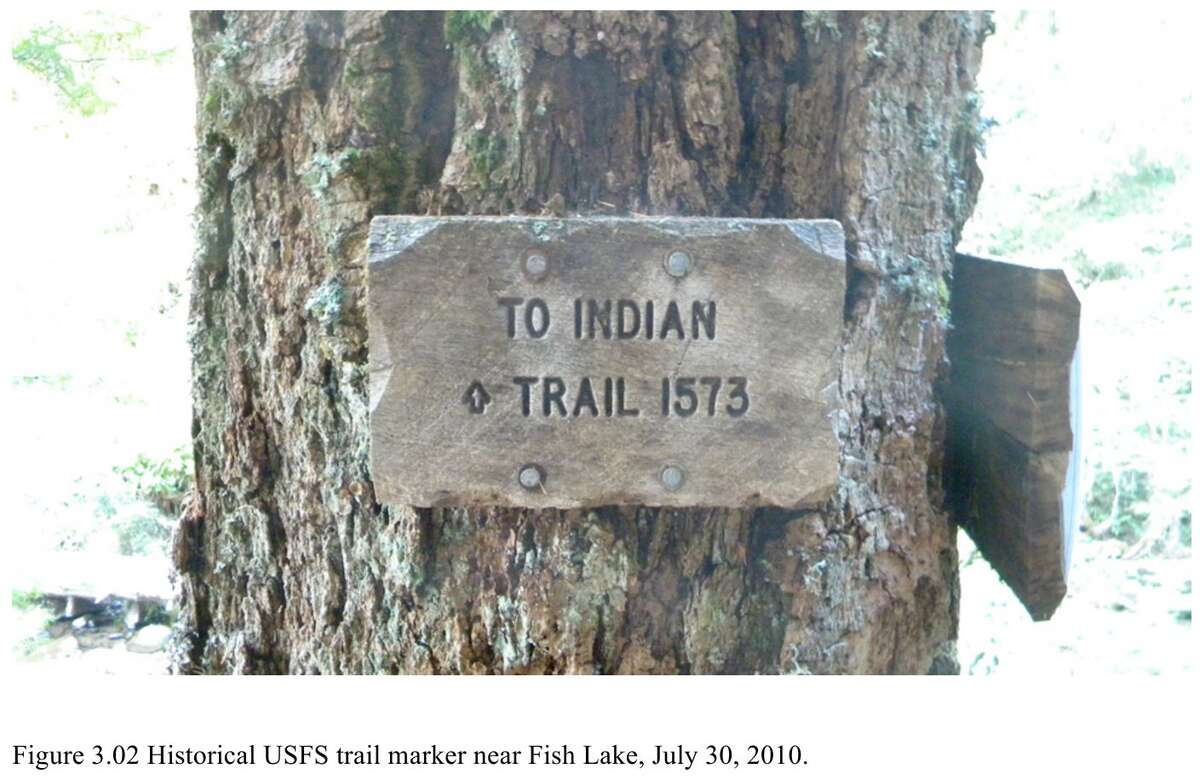 Figure 17.3. An old Forest Service trail marker on a tree near Fish Lake, in the South Umpqua headwaters, July 30, 2010