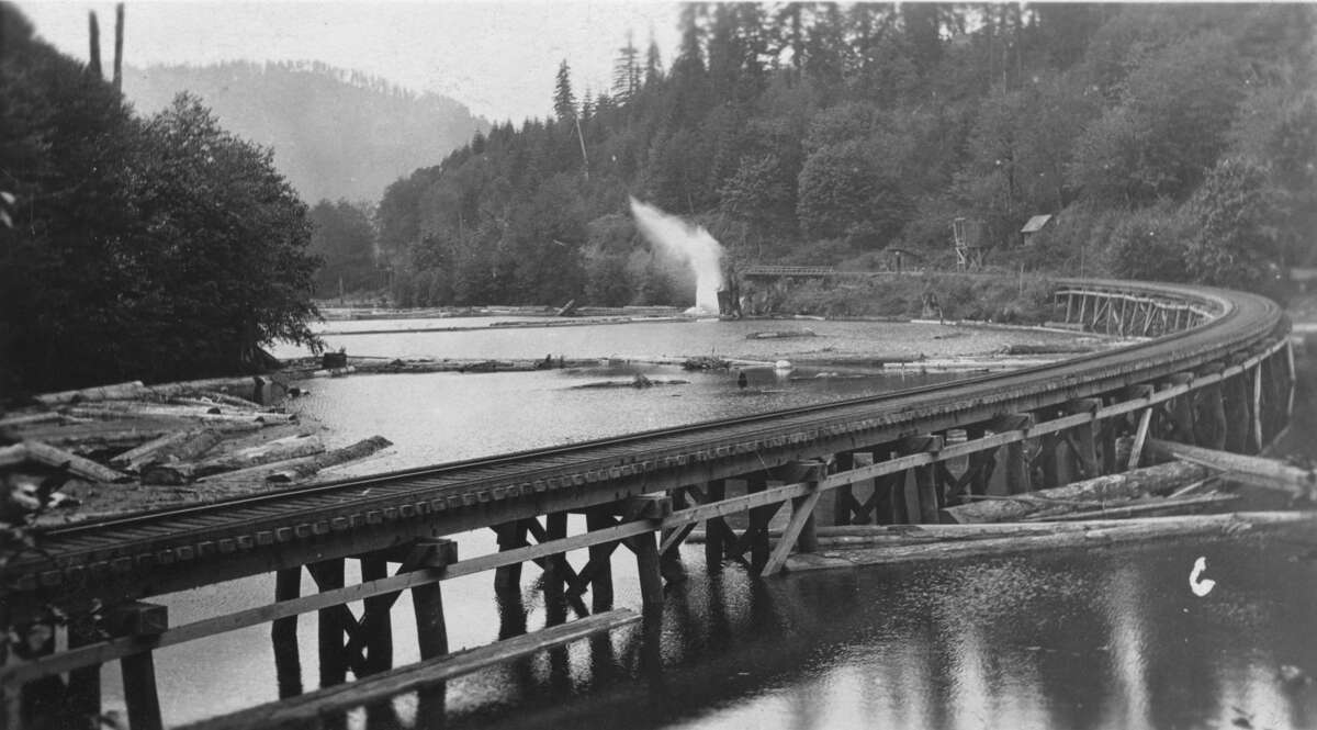 Figure 20.2. The Valley and Siletz Railroad on a trestle beside a log pond