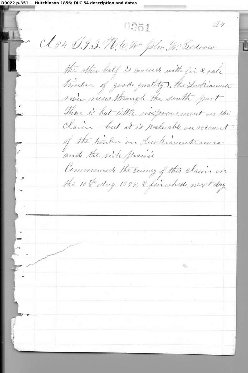 Figure 6.3. The last page of Thomas H. Hutchinson's survey of the Tedrow claim, August 1855