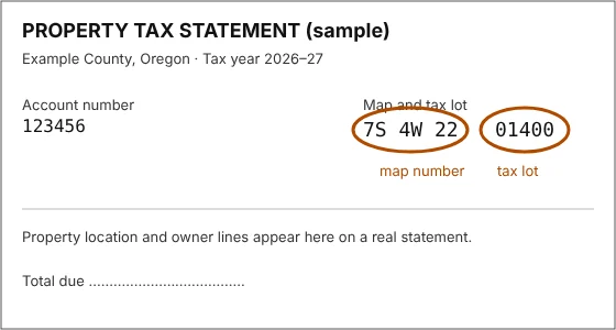 Figure 0.1. The made-up sample statement the site shows beside its tax-lot boxes. The map number and the tax lot are circled; they are the two numbers to copy. The account number, at the upper left, is not used yet. Your own statement will look different, but it prints the same numbers.