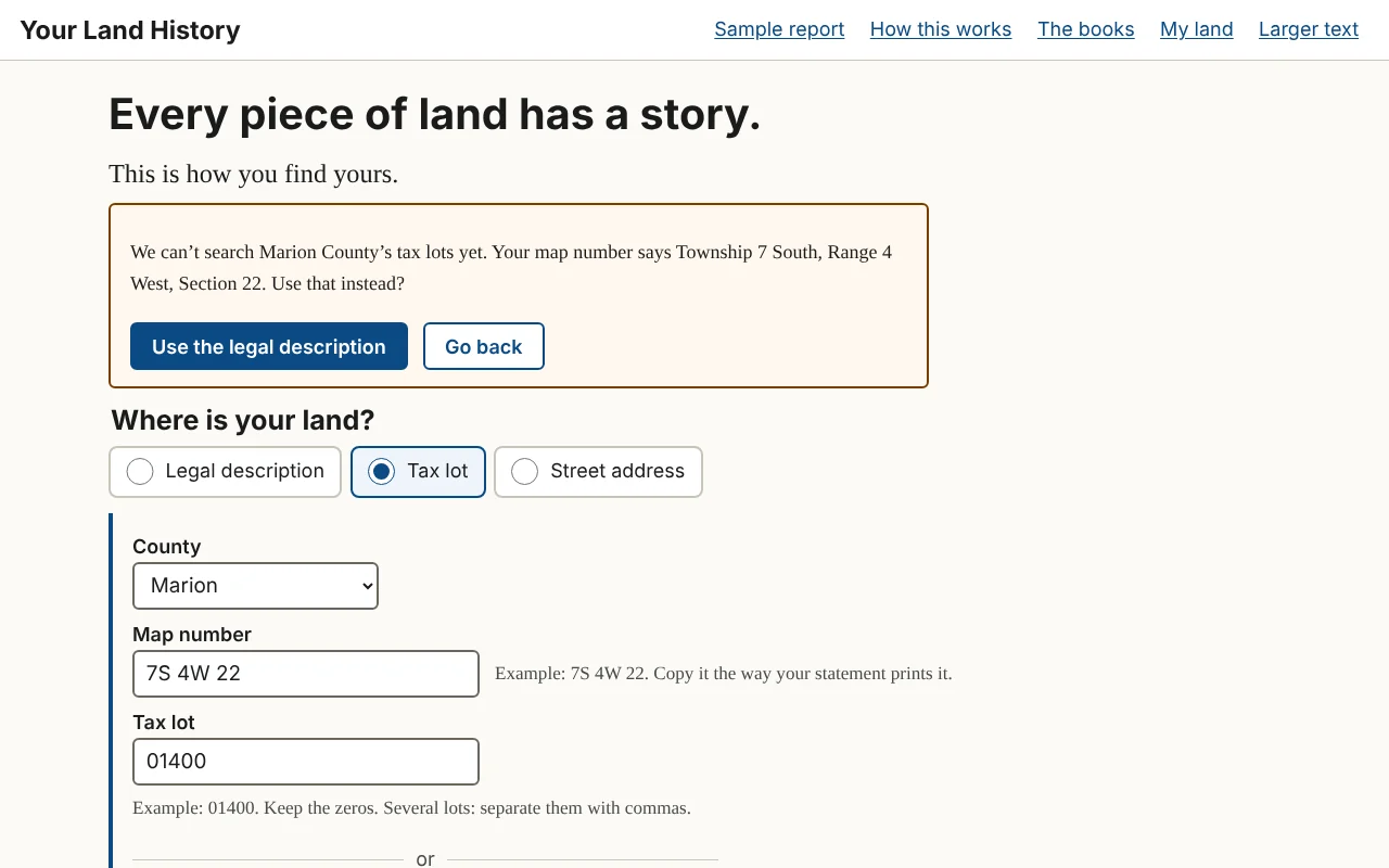 Figure 1.6. When a county's tax lots can't be searched yet, the site reads the township, range and section from the map number and offers them in one touch. The numbers are the made-up ones from the sample statement in Figure 0.1.
