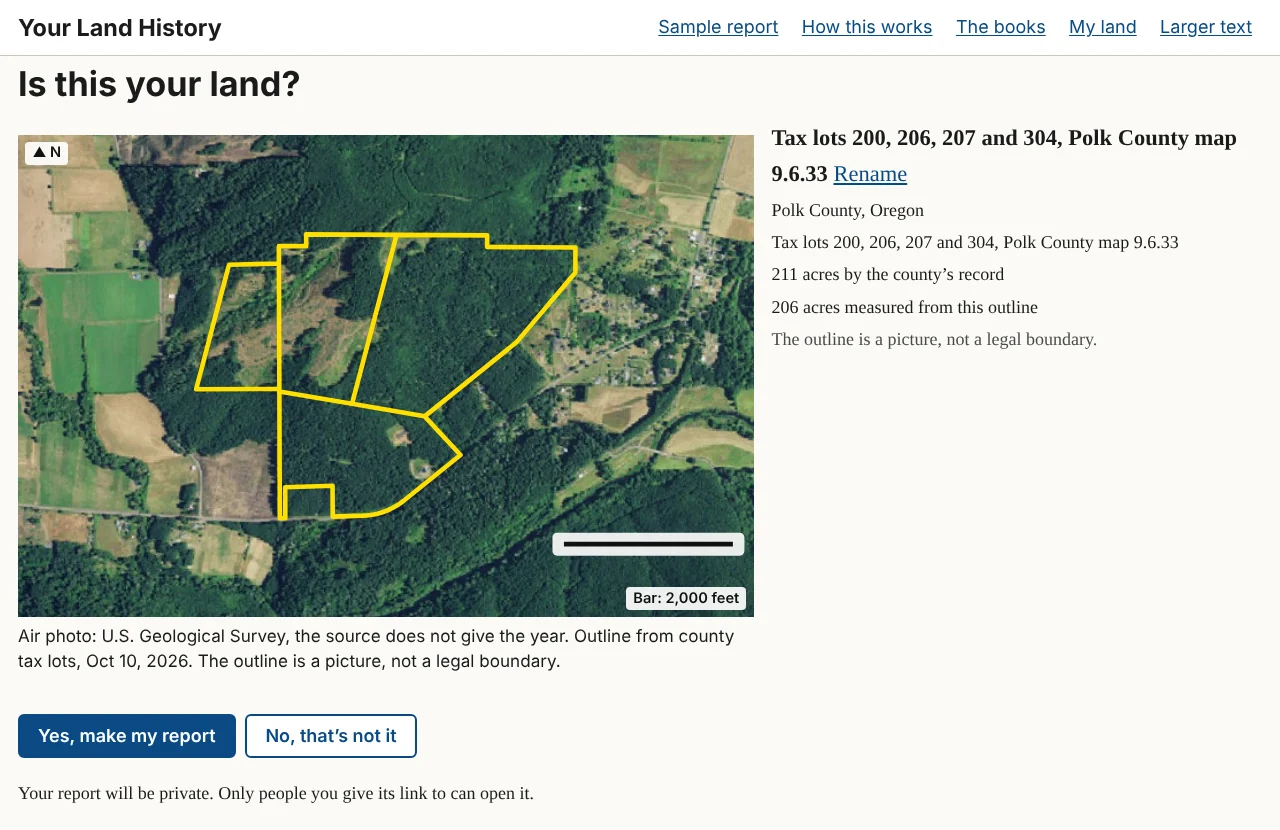 Figure 2.1. "Is this your land?" on a wide screen, for the sample farm's four tax lots. The outline is drawn in yellow on an air photo, with the lots, the county and both acre figures beside it.