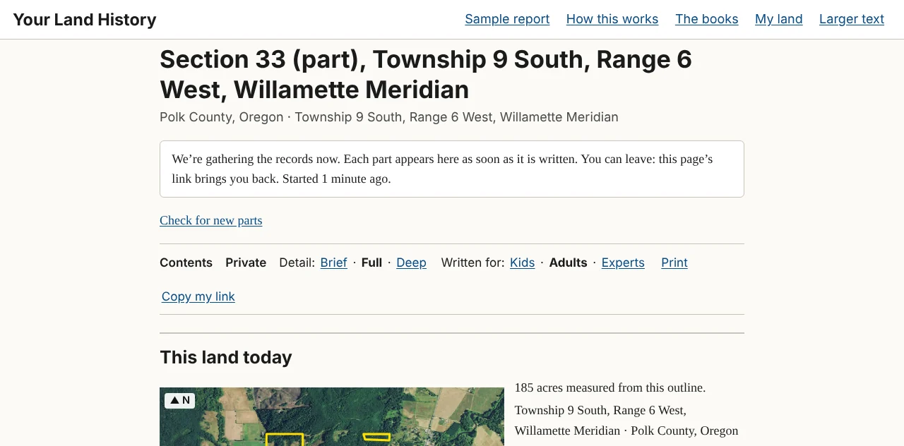 Figure 3.1. A report while it builds: the area history of Section 33 made for this manual, a minute after the start. Under the name and the place line, the waiting line counts the minutes since the start, with Check for new parts beneath it, and "This land today" is already in place.