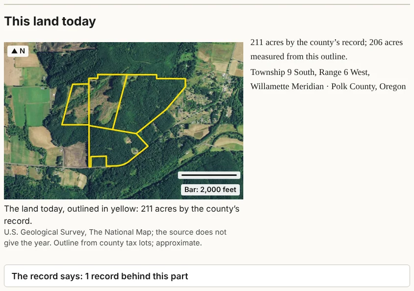 Figure 5.1. "This land today" in the sample report: the farm outlined in yellow on an air photo, with both acre figures beside it.