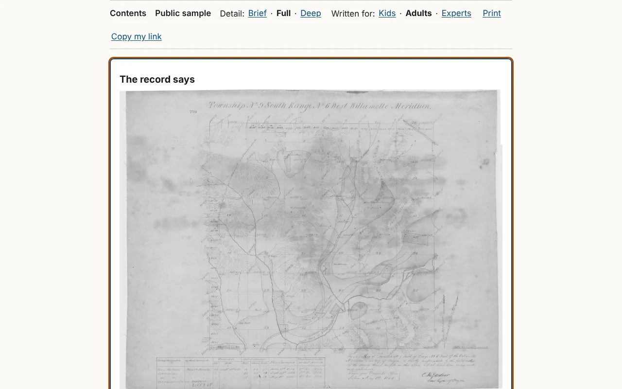 Figure 6.1. The record panel open in the sample report. A picture of the record comes first: here, the township plat of 1855.