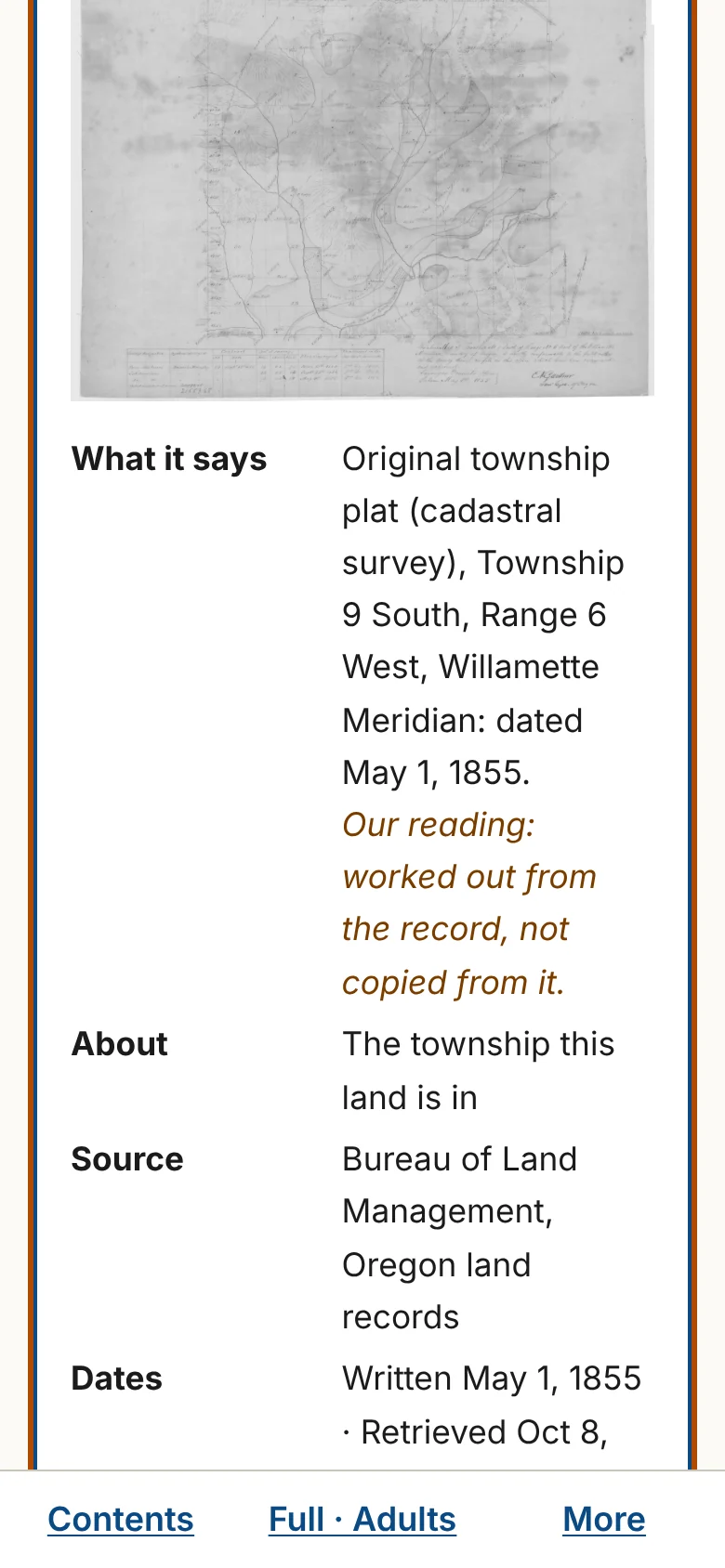 Figure 6.2. The same panel on a phone: what the record says, what it is about, its source and its dates. Close is further down.