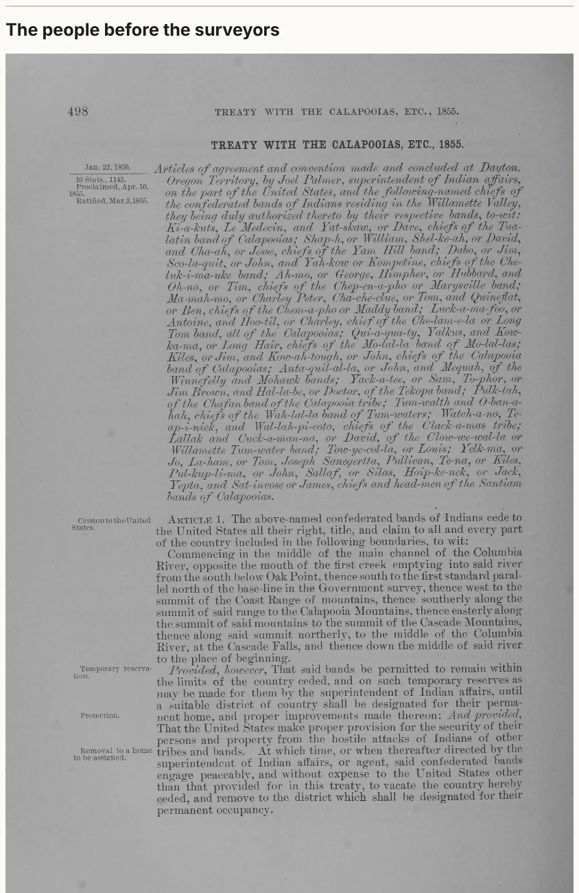 Figure 9.1. "The people before the surveyors" in the sample report, with the first page of the treaty of January 1855.