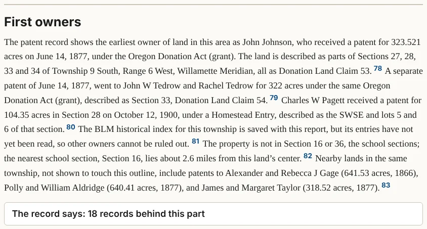Figure 11.1. "First owners" in the sample report, opening with John Johnson's patent of June 14, 1877.