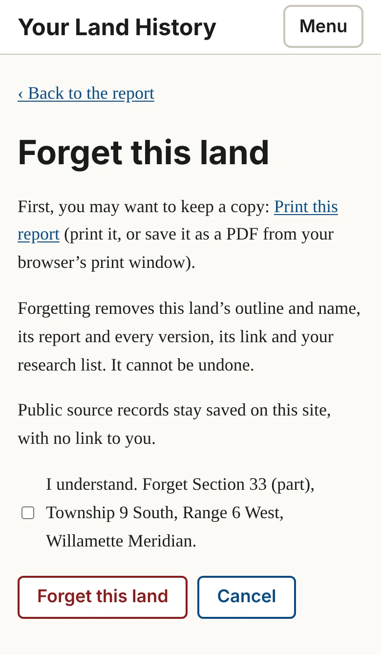 Figure 24.2. Forget this land, for the area history made for this manual. Nothing happens until the box is ticked, and a printed copy can be made first.