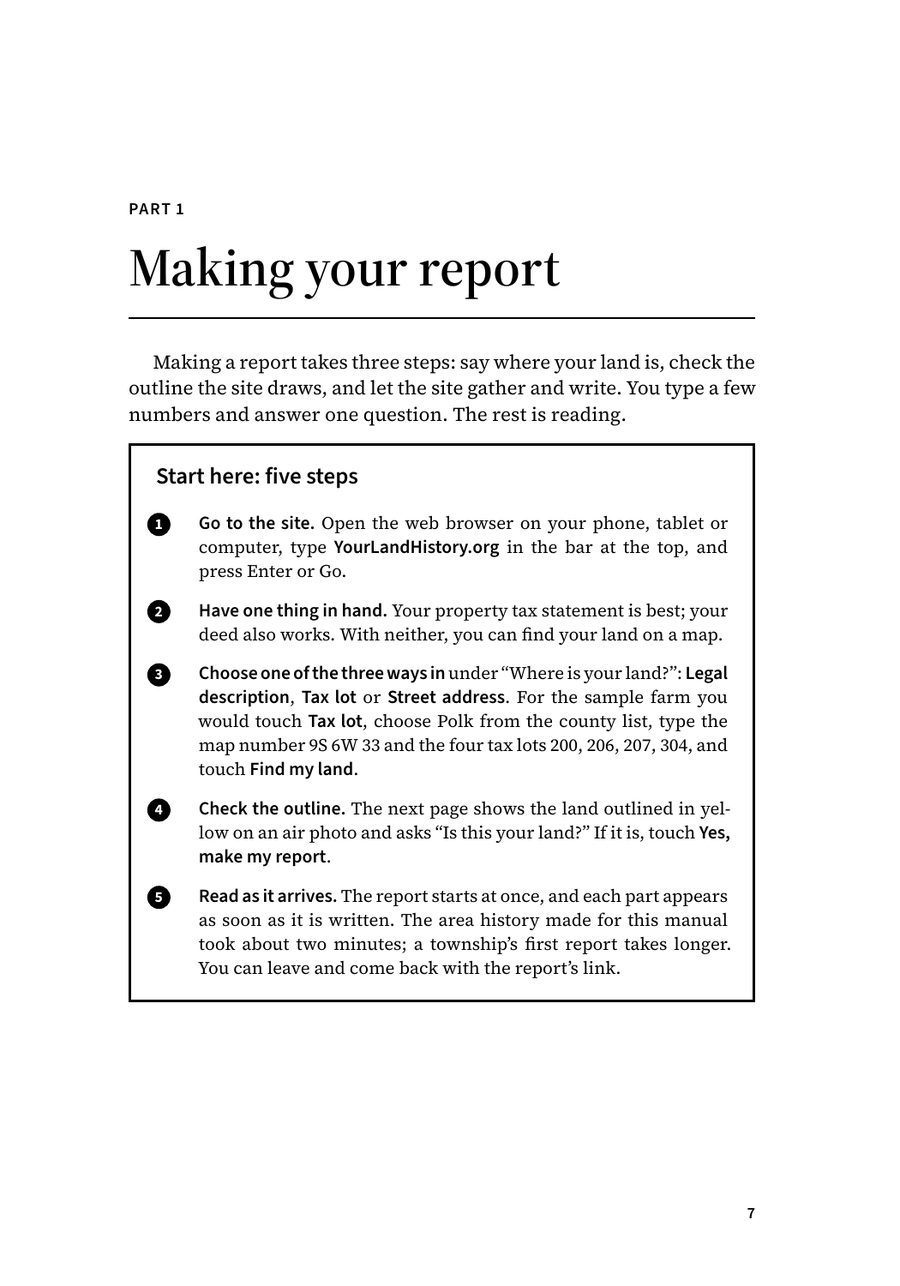 A page from the printed book: The start of Part 1, with the five “Start here” steps.
