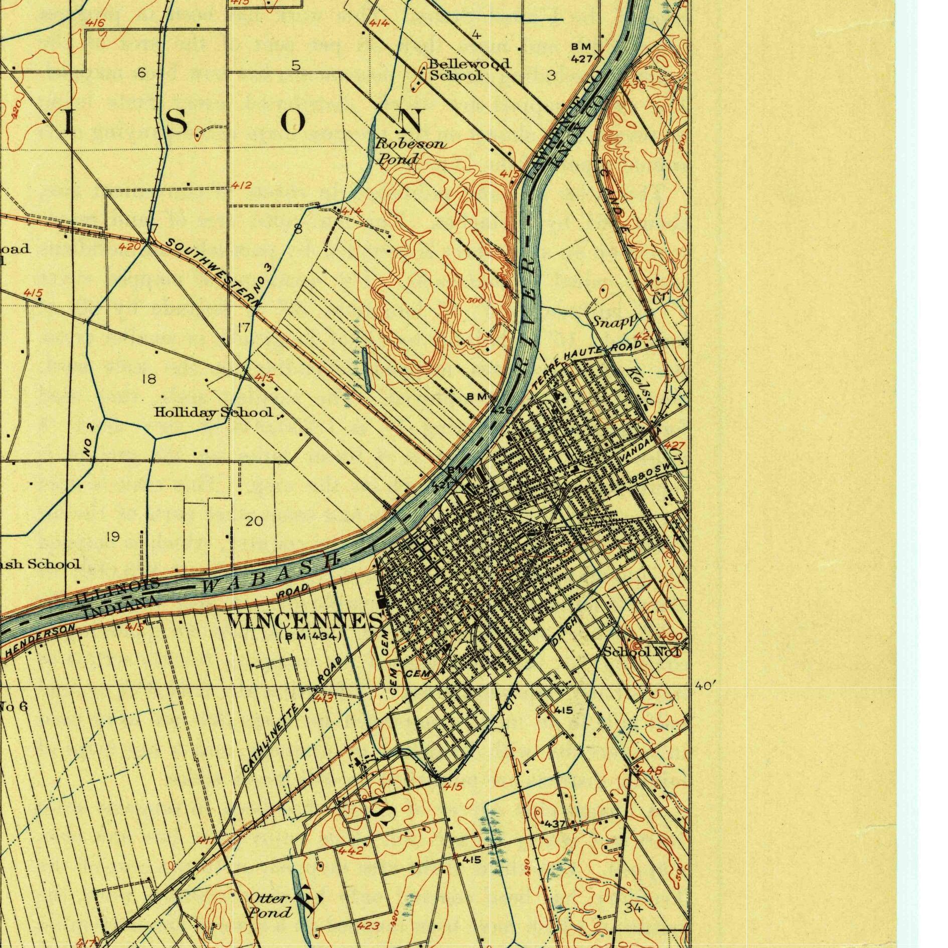 USGS 1:62500-scale Quadrangle for Vincennes, IN 1915 (crop around site)