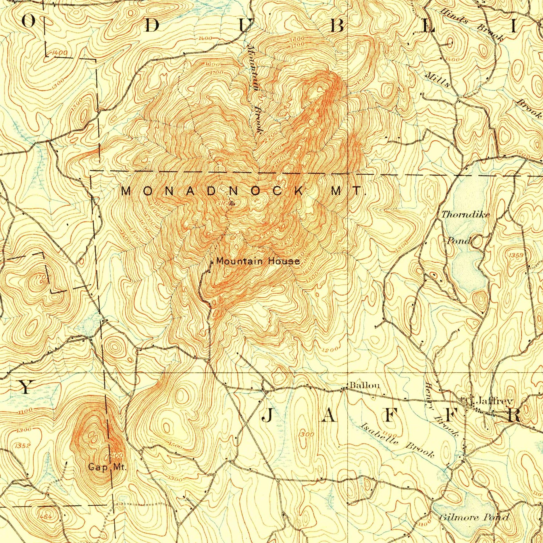USGS 1:62500-scale Quadrangle for Monadnock, NH 1898 (crop around site)